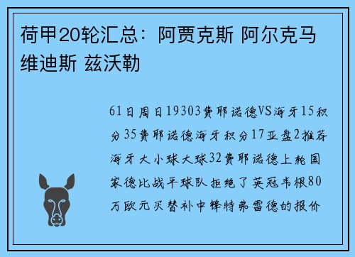 荷甲20轮汇总：阿贾克斯 阿尔克马 维迪斯 兹沃勒